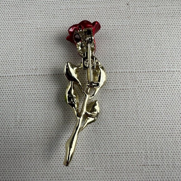 Red Rose Enamel Brooch Pin Gold Tone With Green Leaf Accents Vintage - Picture 8 of 10